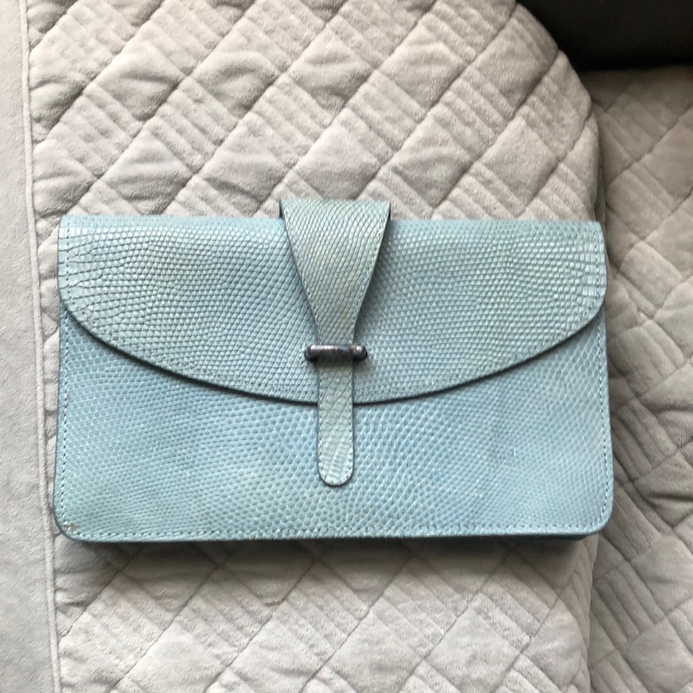 Blue Lizard leather crutch with mother pearls buckle